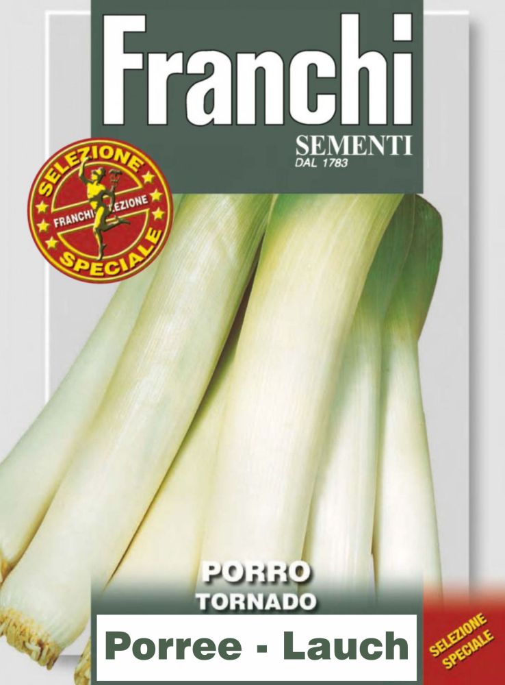 Der Lauch Tornado ist eine spätreife Sorte mit weißen, großen, langen, zylindrischen Stängel mit dunkelgrünen Laub, Samen, Franchi Sementi