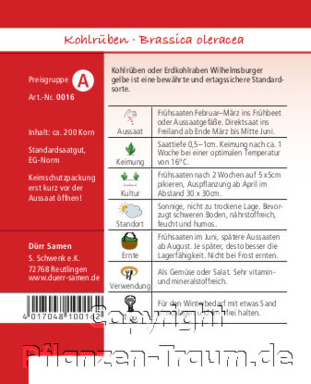 Rückseite Samentüte Kohlrüben Gelbe Wilhelmsburger, Brassica oleracea, Samen Dürr